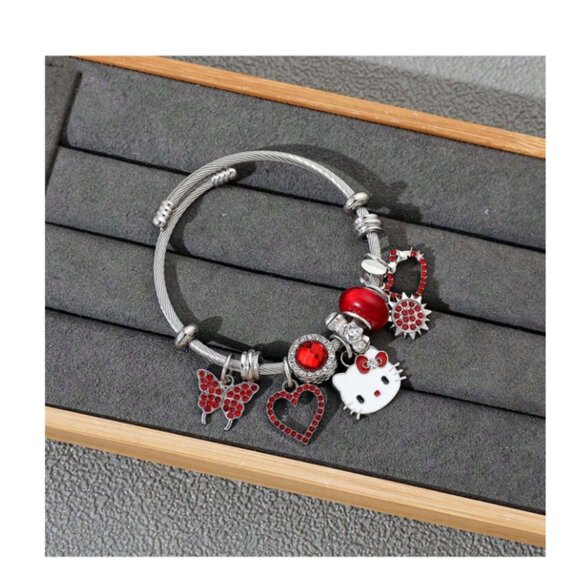 New Hello Kitty Silver Charm Bracelet & Necklace Set Red Bow Accent Jewelry Gift - Picture 4 of 6